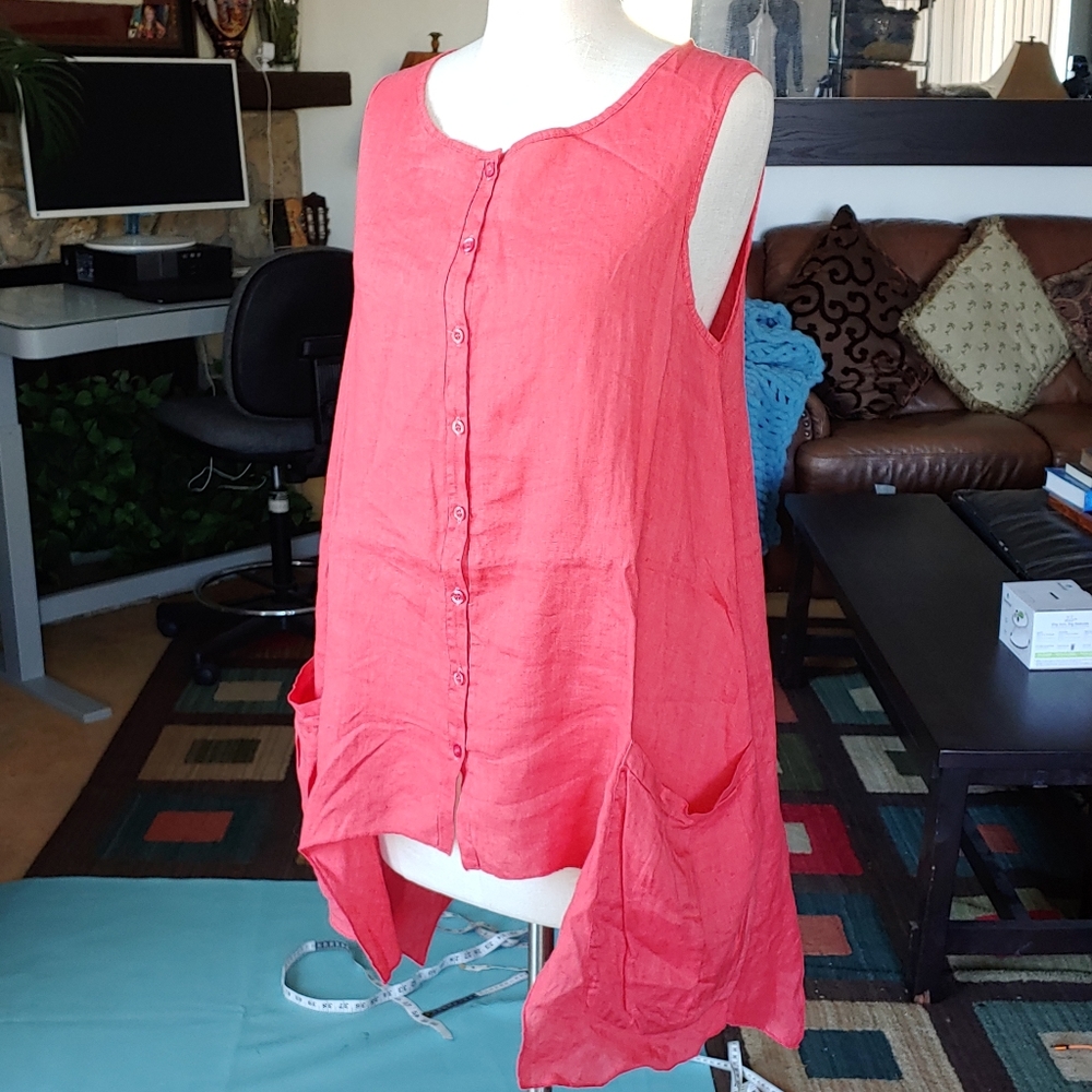 100% Linen Button-Front Tank Top - Coral medium